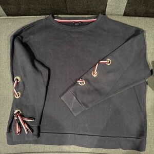 Tommy Hilfiger Black Crewneck Sweater with Red and White Lace-Up Detail